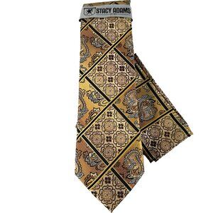 Stacy Adams Men's Tie Hanky Gold Champagne Brown Plaids Paisley Microfiber New